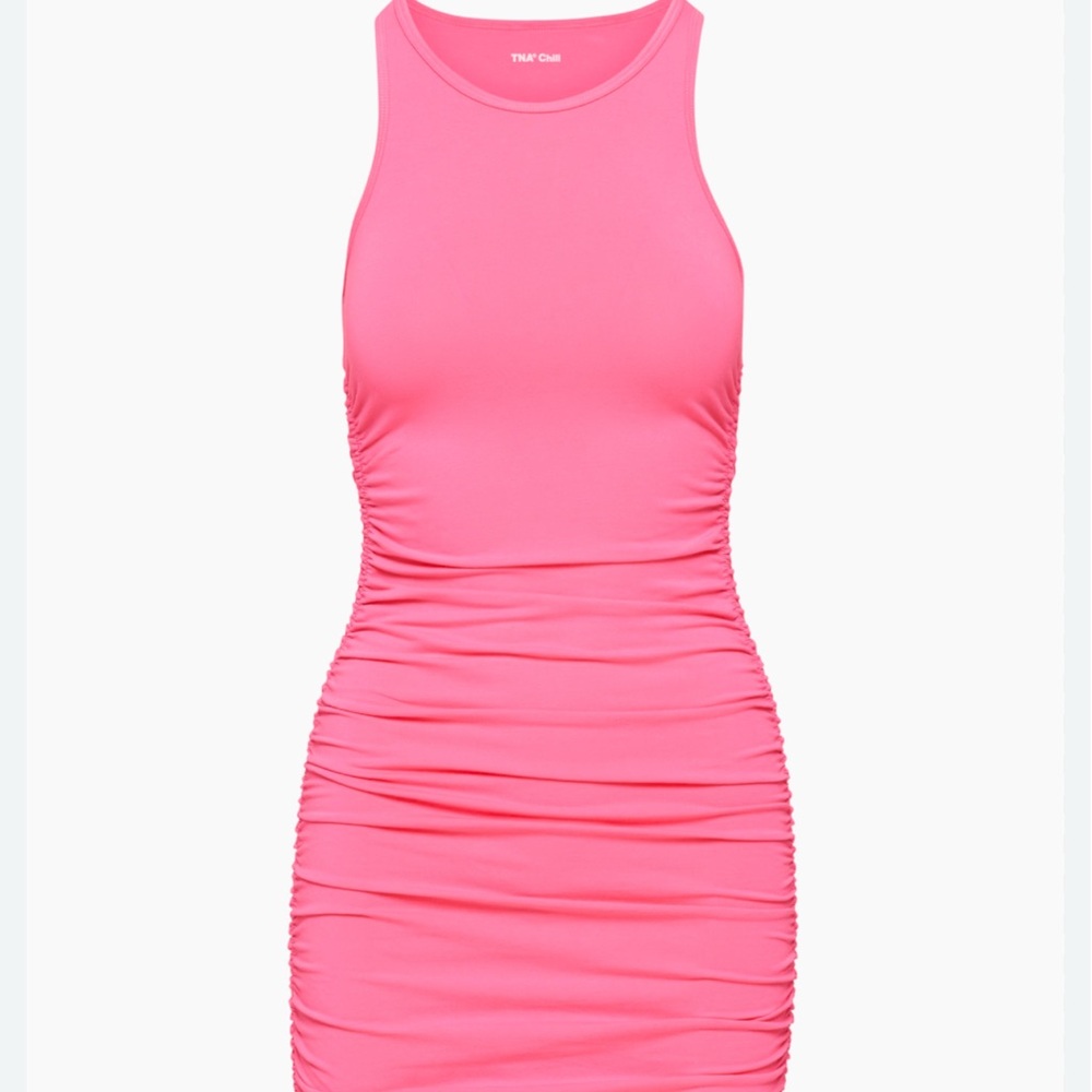 TNA Bright Pink Ruched Mini Dress